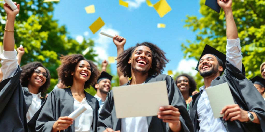 Graduates celebrating outdoors with diplomas in hand.