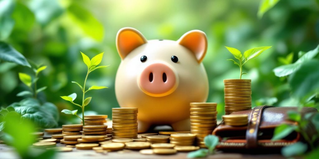 Piggy bank, coins, wallet, and greenery representing personal finance.