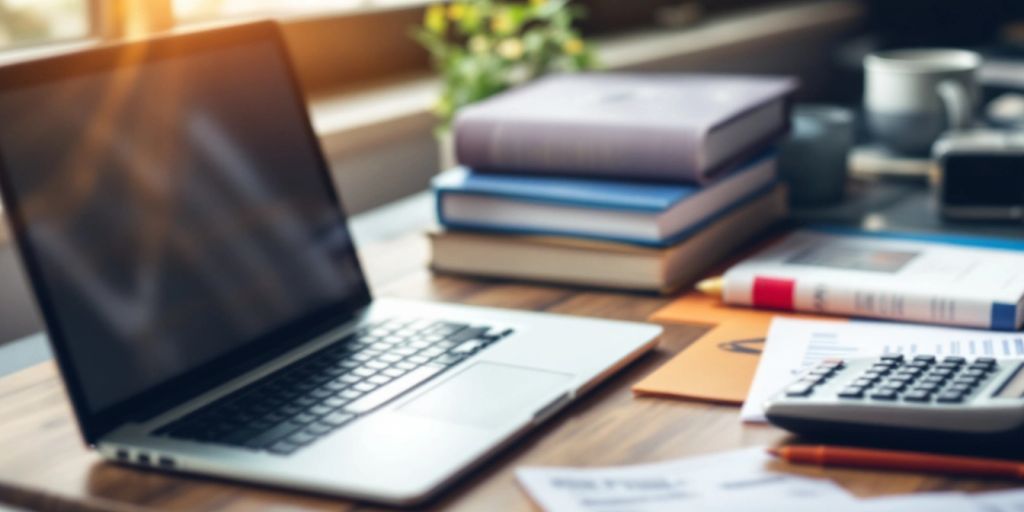 Workspace with laptop, books, and calculator for budgeting.