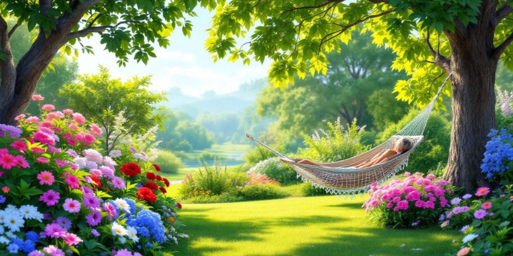 A peaceful retirement scene with a hammock in nature.