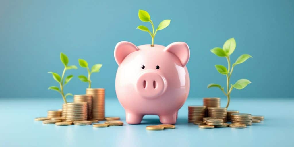 Piggy bank with plants and coins for emergency savings.