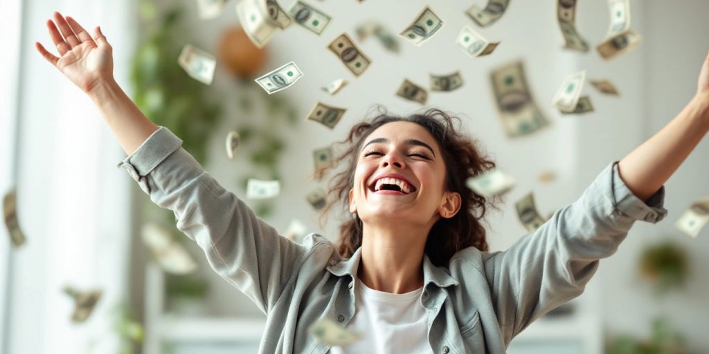 Person celebrating financial freedom by tossing bills joyfully.