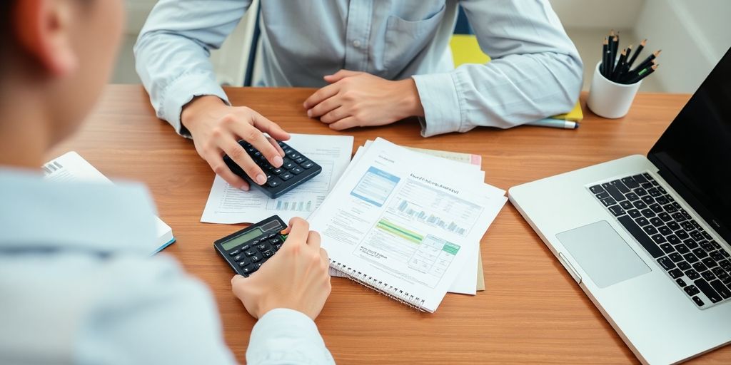 Person organizing financial documents at a desk.