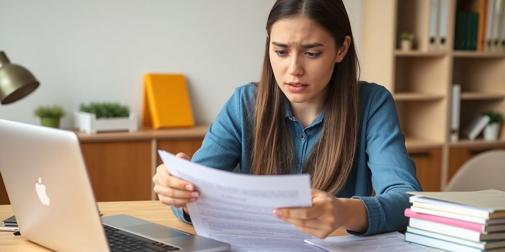 Student analyzing loan documents at a desk.