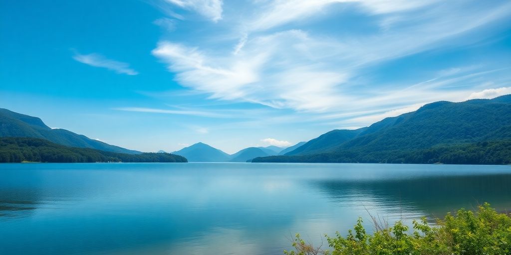 Serene landscape with lake, greenery, and distant mountains.