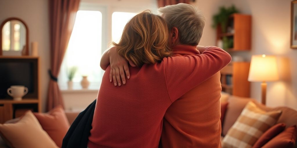 Two people embracing in a cozy living room.