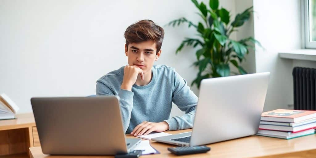 Young adult considering finances with books and laptop.