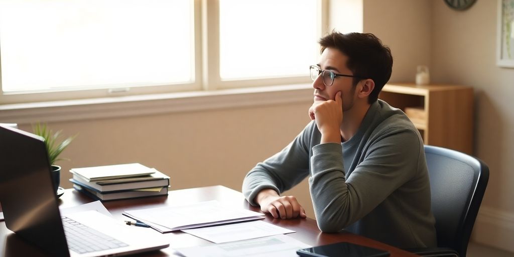 Borrower contemplating student loan forgiveness options at a desk.