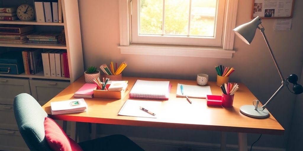 A bright workspace with a desk and stationery.