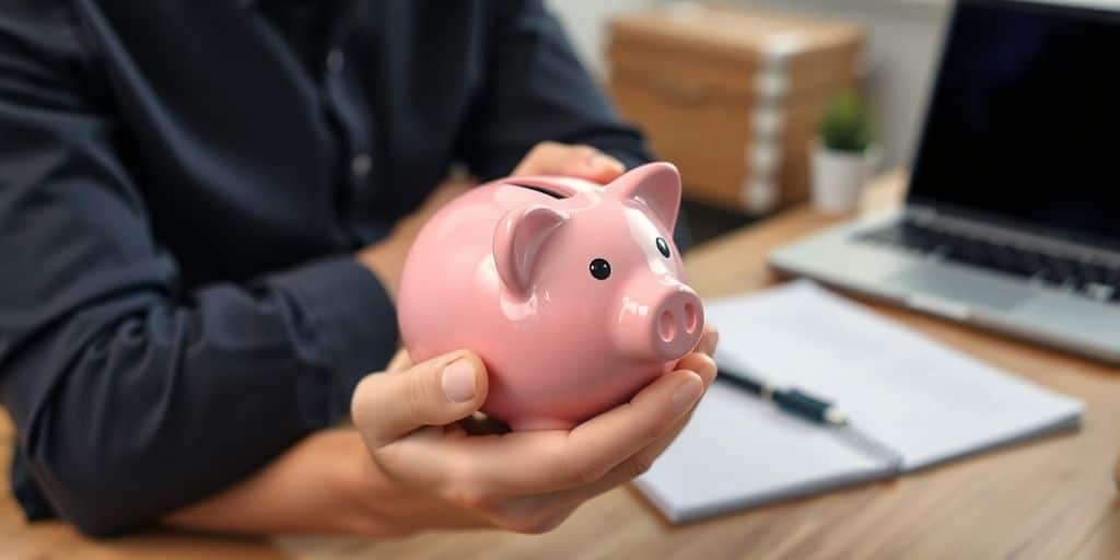 Person holding piggy bank with business materials around.