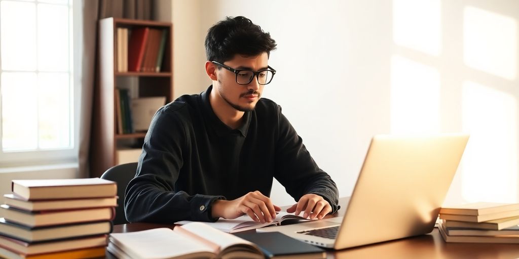 Student planning finance at a desk with books.