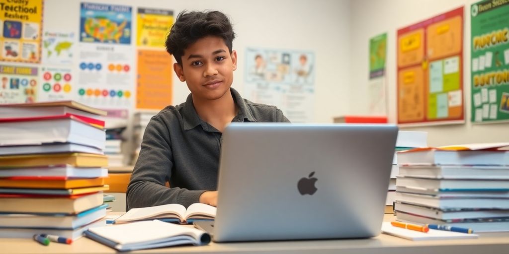 Student studying at a desk with books and laptop.