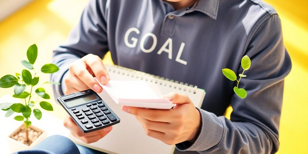 Person with calculator and notebook analyzing financial goals.