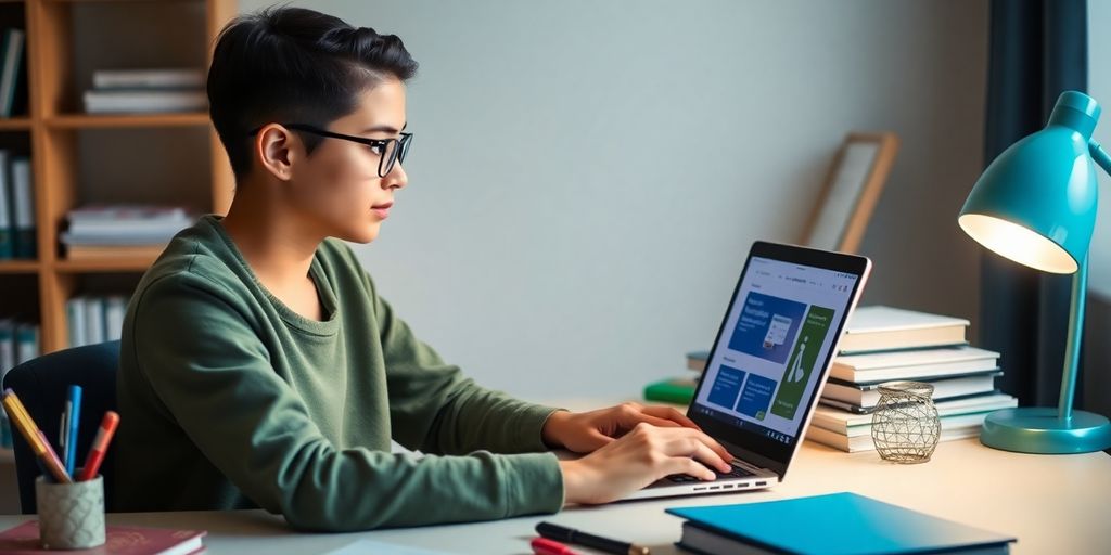 Student using a laptop to access loan information.