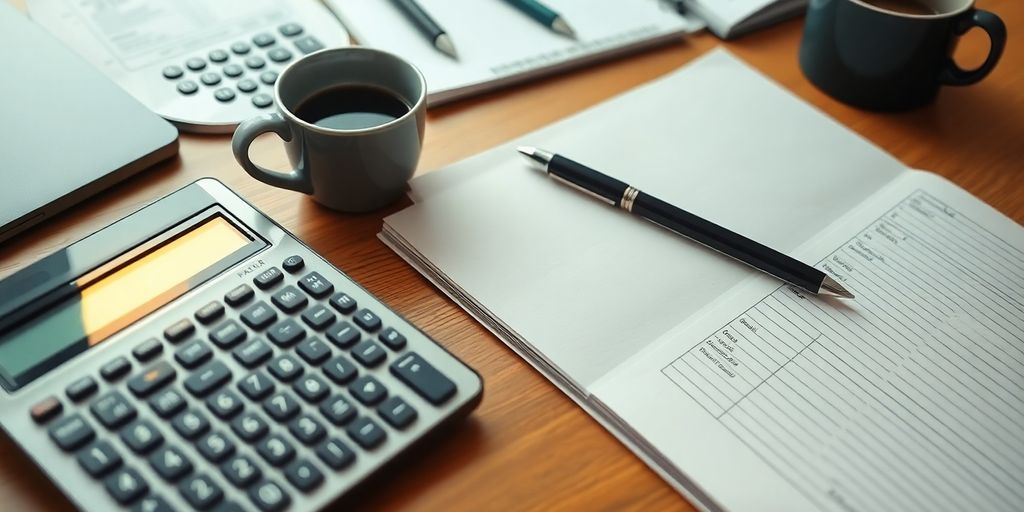 Desk setup for personal financial planning with documents and tools.