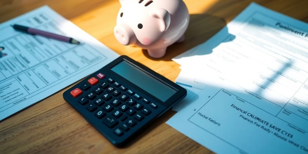 Calculator, tax forms, and piggy bank on a table.