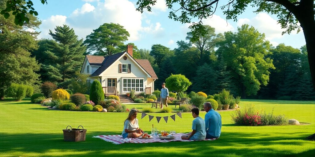 Family enjoying a picnic in a serene garden setting.