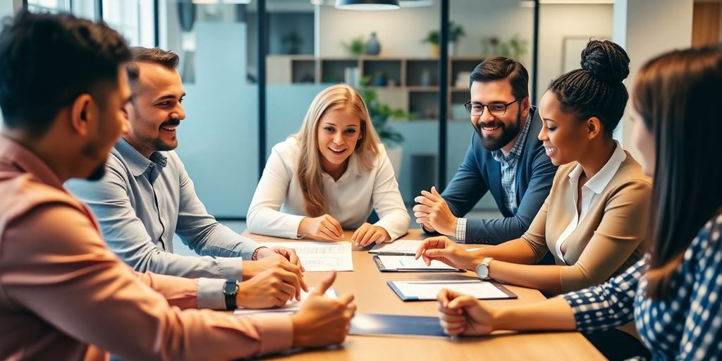 Diverse professionals collaborating on financial strategies in an office.