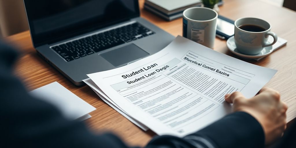 Person reviewing student loan documents at a desk.