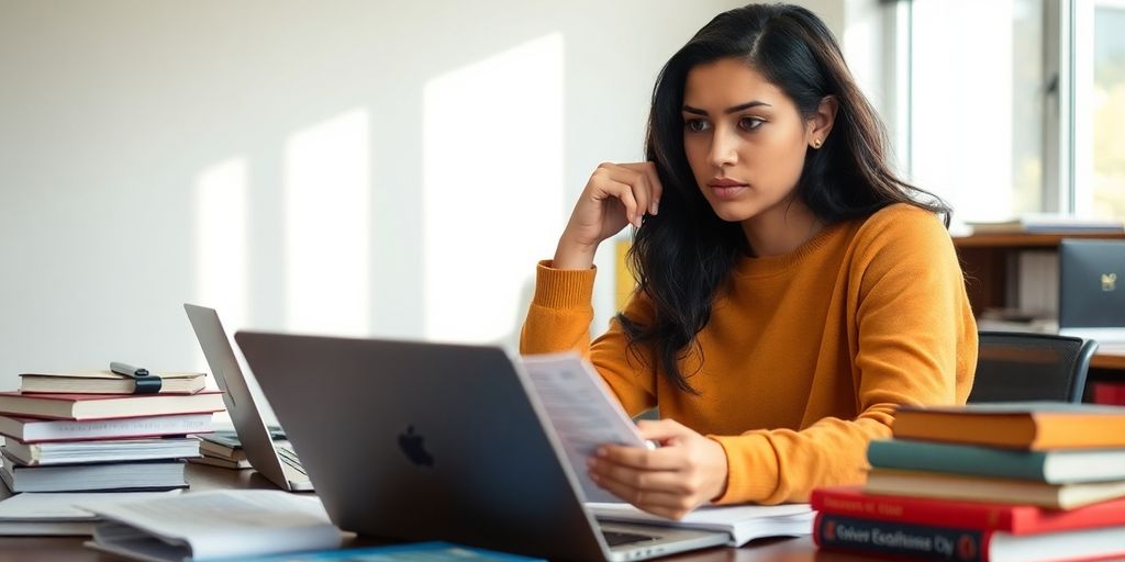 Student contemplating FAFSA repayment options at a desk.