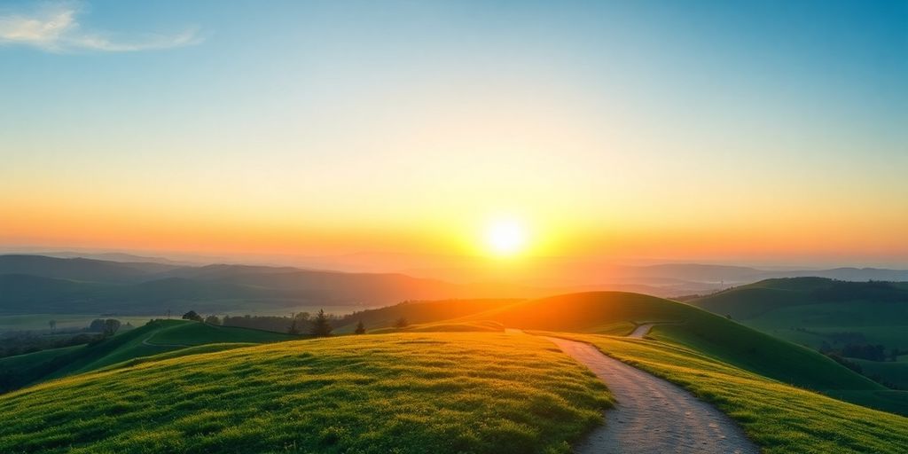 A sunrise over hills with a winding path.