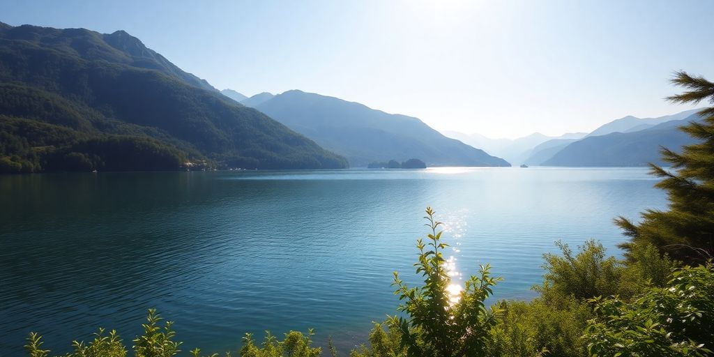 Tranquil lake and mountains depict financial security.