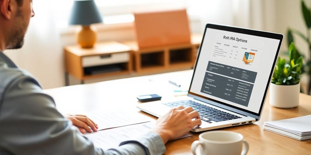 Person researching Roth IRA online at a desk.