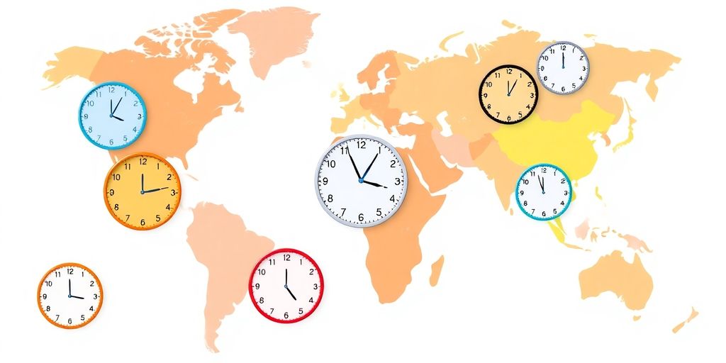 World map with clocks showing different time zones.