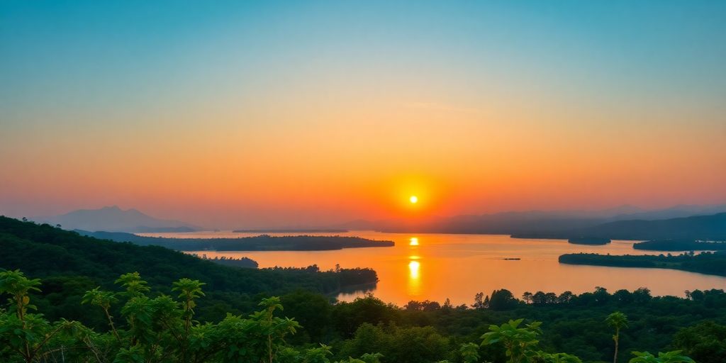 Serene landscape with a sunrise over a calm lake.