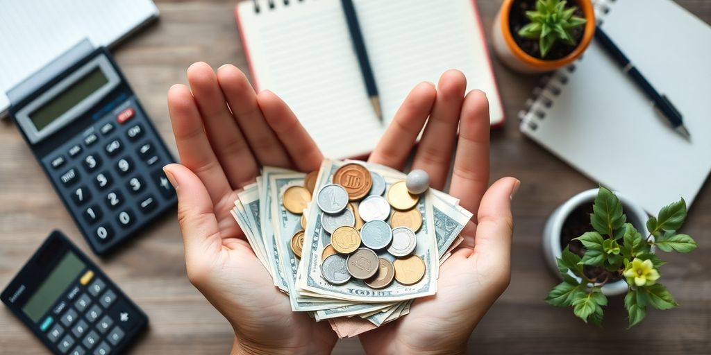 Hands holding cash and coins with a calculator.