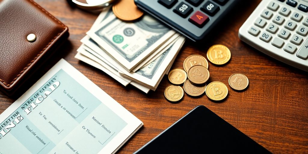 Wallet, cash, coins, and calculator on a table.