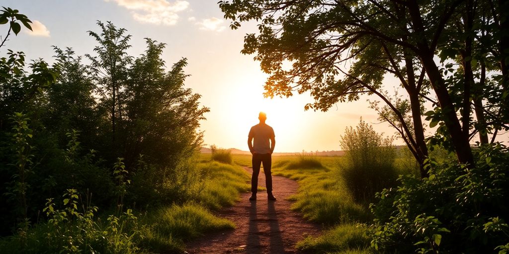 Person at a crossroads in nature, contemplating their future.