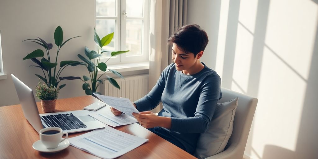 Person reviewing finances at a desk with natural light.