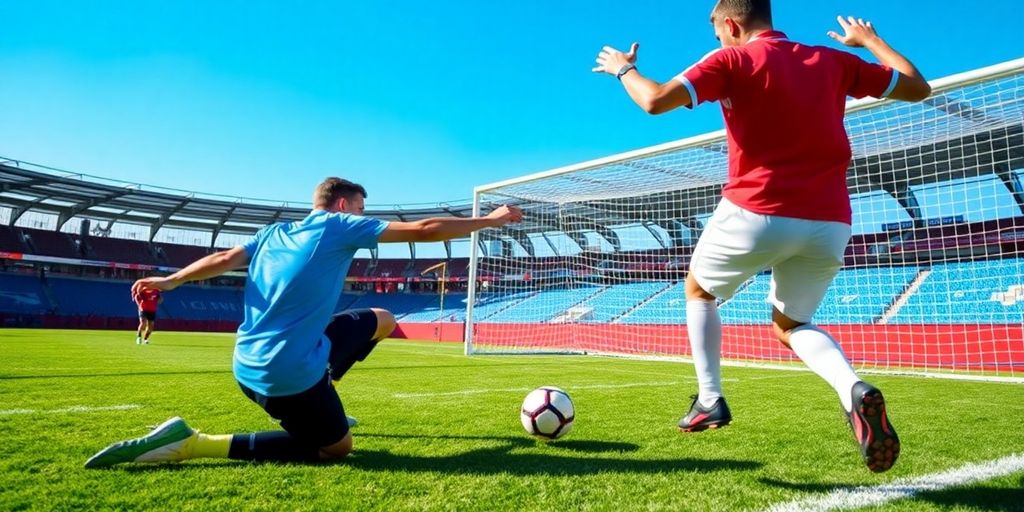 Soccer players practicing goal-scoring techniques on a field.