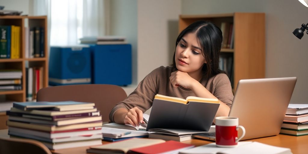 Student studying at a desk with books and laptop.