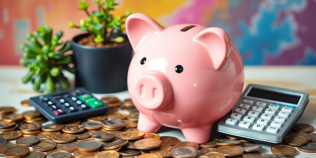 Piggy bank with coins and a calculator for budgeting.