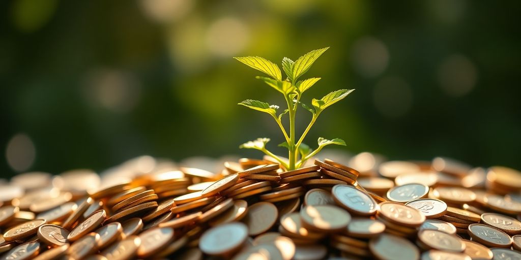 Hand holding a plant growing from coins.