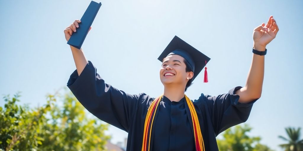 Graduate celebrating freedom after college loan forgiveness.