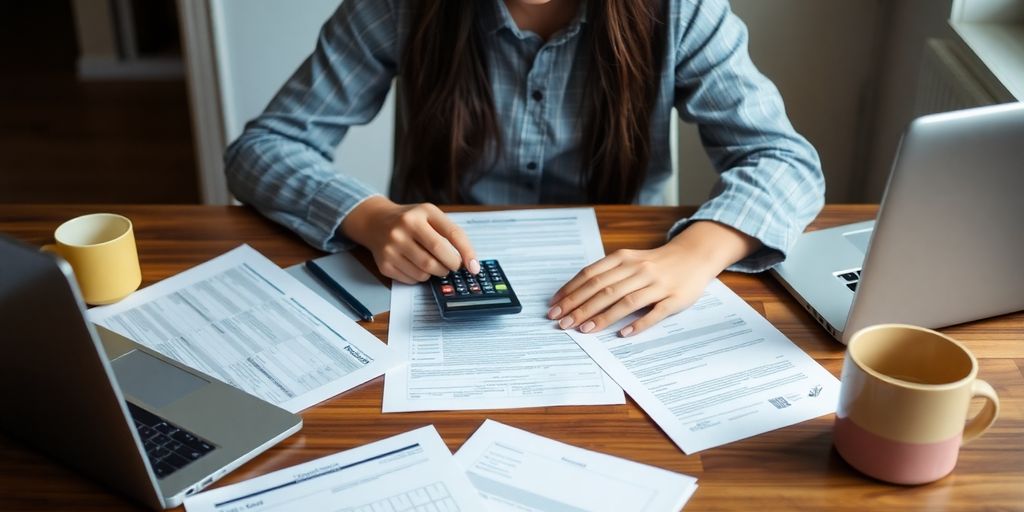 Student reviewing student loan paperwork at a desk.