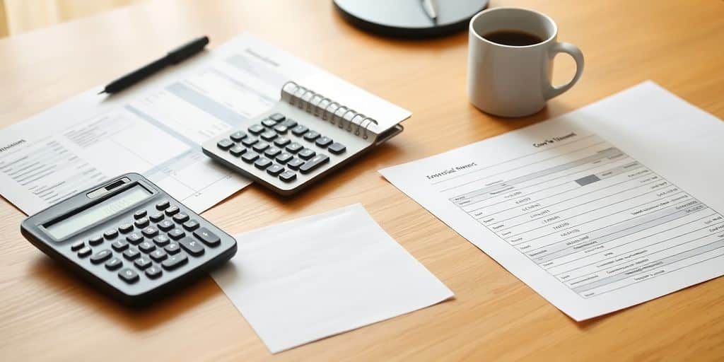 Organized desk with financial papers and a calculator.