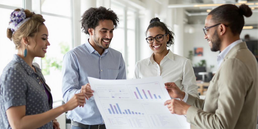 Diverse employees collaborating on a financial plan in office.