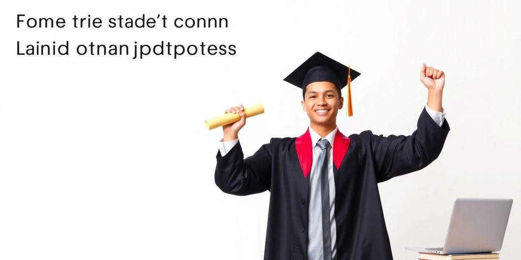 Graduate with diploma among books and laptop.