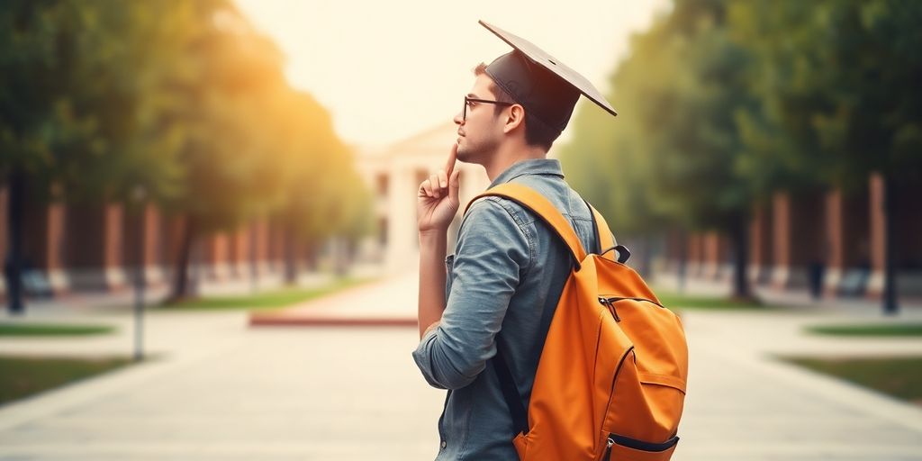 Graduate contemplating student loan repayment time limits outdoors.