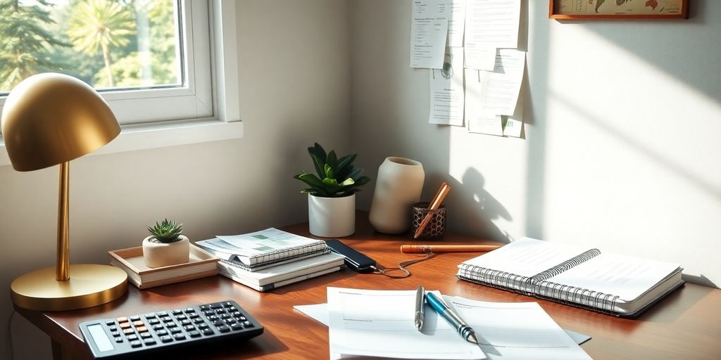 Stylish desk with financial planning tools and natural light.