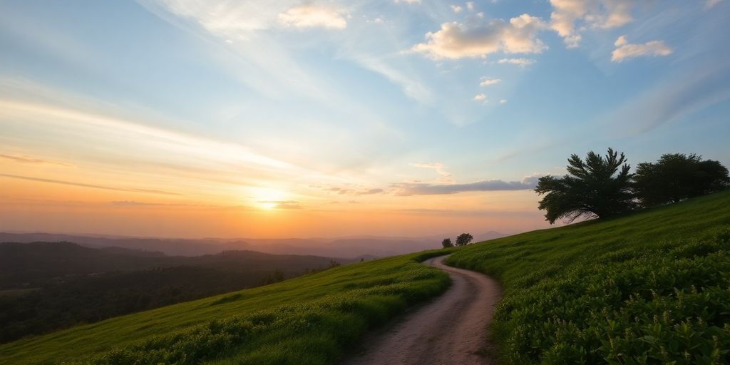 Sunrise over a winding path in a lush landscape.