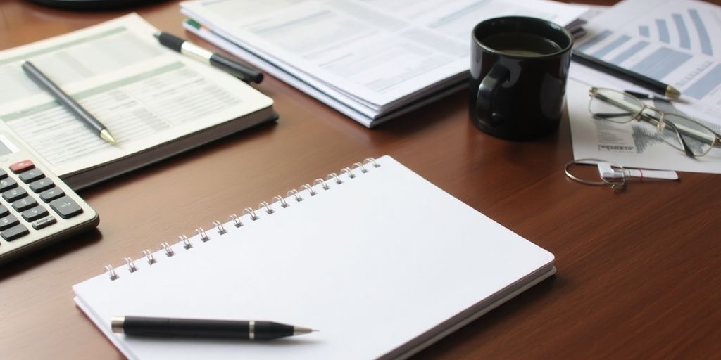 A desk with financial documents and a notebook.