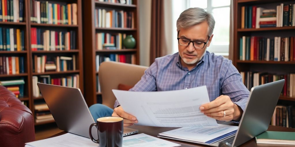 A borrower in a cozy study reviewing financial documents.