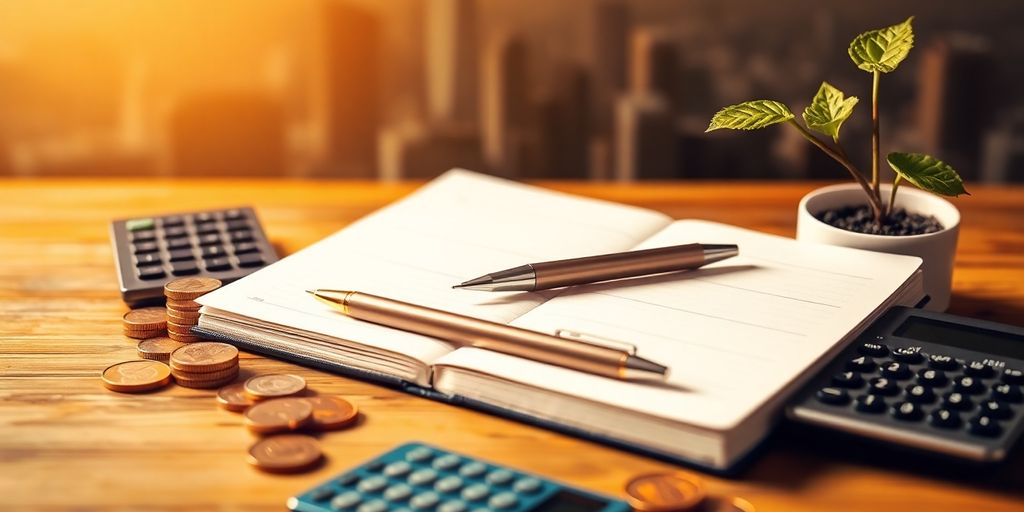 Notebook and financial items on a table for planning.