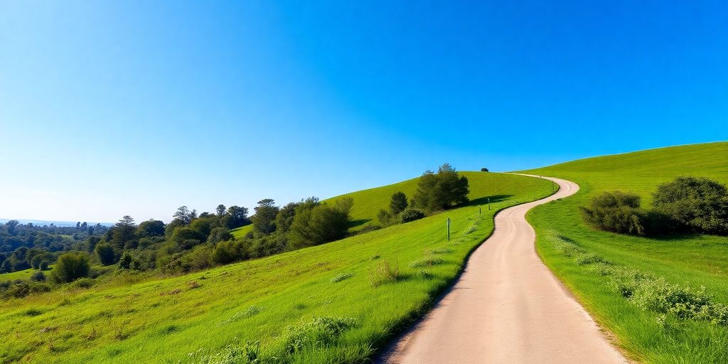 A winding path through greenery towards a bright horizon.