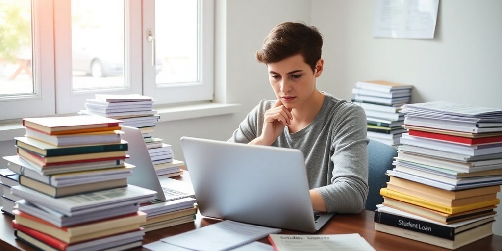 Student calculating loan payments at a desk.